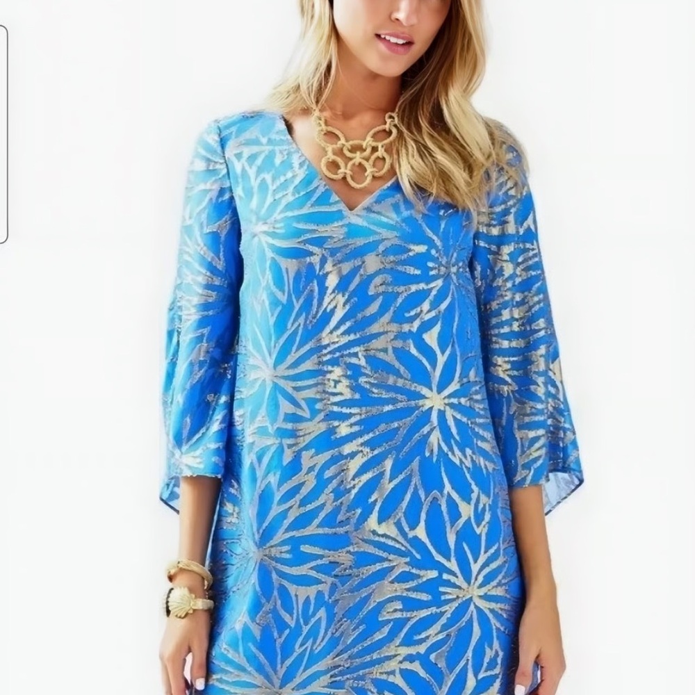 Lilly Pulitzer Miri Silk Caftan Mini Dress Lapis Blue Palm Burst Size 2